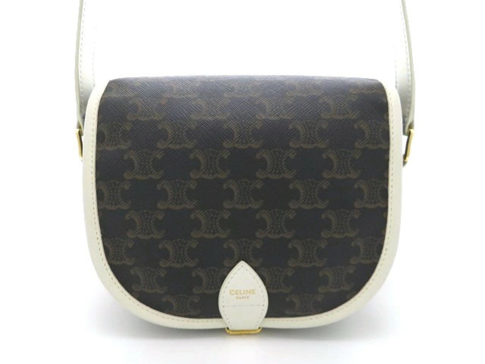 Celine Triomphe Folco Bag Shoulder Canvas Calfskin Tan White
